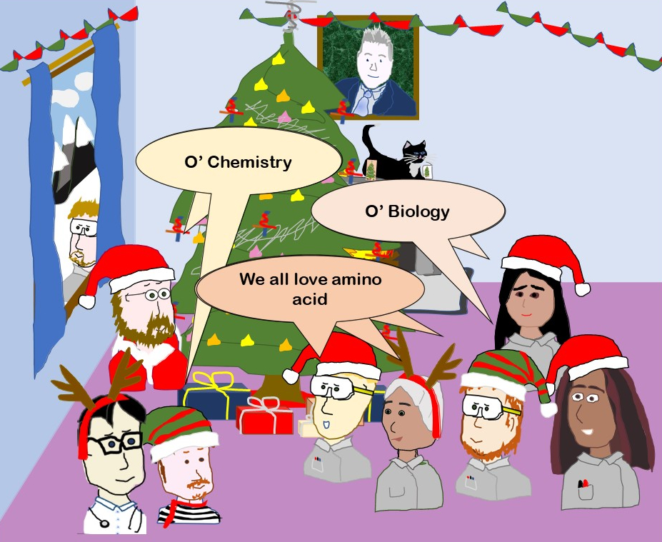 cartoon of christmas carols based on chemistry and biolog